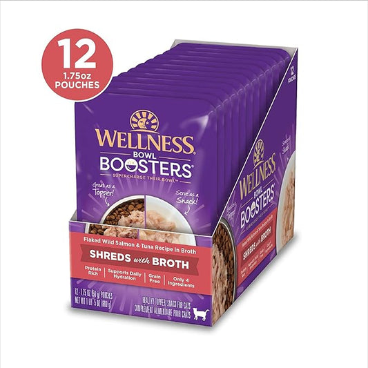 Wellness Bowl Boosters Shreds with Broth Wet Cat Food Topper, Grain Free, Natural, Flaked Salmon and Tuna Recipe, 1.75 oz, Pack of 12 Pouches