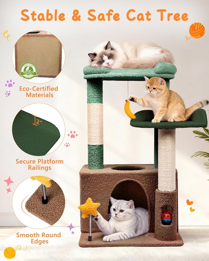 31" Cute Cat Tower for Indoor Kittens with Cat Condo, Plush Platform, Hammock, Sisal Scratching Posts, Dangling Ball, Tall Cat Tree Tower with Self-Grooming Brush (Olive Green)