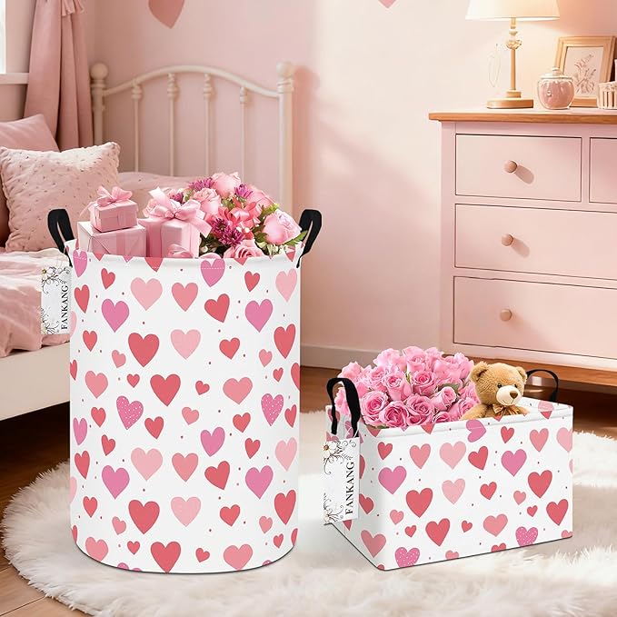Storage Basket, Nursery Hamper Canvas Laundry Basket Foldable with Waterproof PE Coating Large Storage Baskets for Kids Boys and Girls, Office, Bedroom, Clothes,Toys(Colorful hearts)