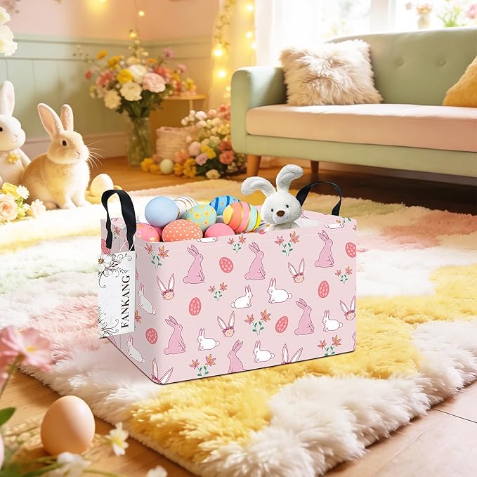 Storage Bins,Nursery Hamper Canvas Laundry Basket Foldable with Waterproof PE Coating Storage Baskets for Boys and Girls, Office, Bedroom, Clothes,Toys(Rec-Rabbit ）