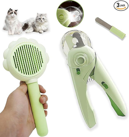 Self Cleaning Cat Brush for Shedding, LED Light Nail Clipper, Nail Clipper and Nail File, Slicker Brushes and Nail Trimmer for Long Haired Cats, Grooming Kit, Cat Lover Gifts