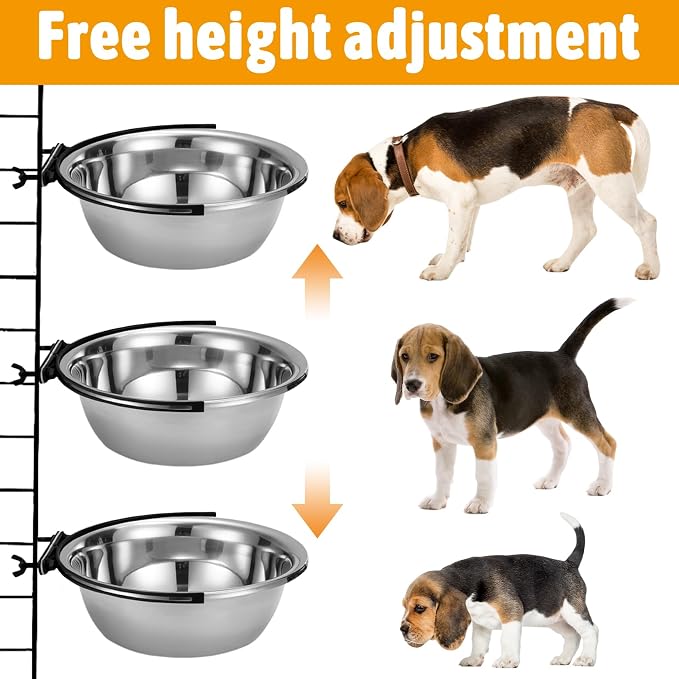 kathson Dog Kennel Bowls for Crates, 3 Pcs Stainless Steel Pet Food Water Bowls with Clamp Holder Hanging Metal Puppy Feeding Dish Cage Coop Cup for Cat Rabbit Ferret Bird (8.5 * 2.7in)