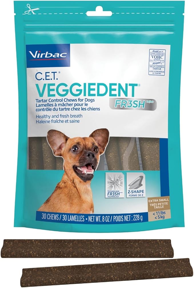 Virbac C.E.T.® VEGGIEDENT® FR3SH® Tartar Control Chews for Dogs with digestive health support, VOHC Approved, Extra Small <11lbs