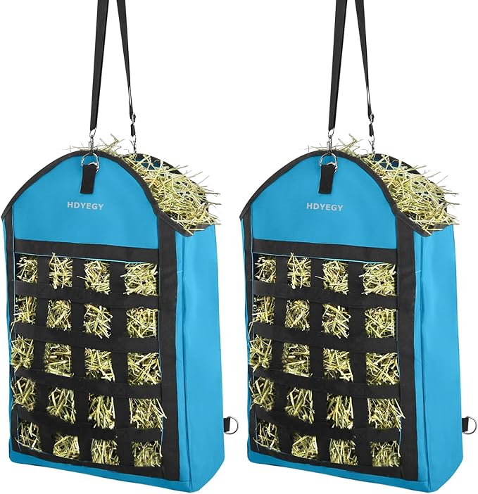 2 Pack Heavy Duty 1200D Oxford Slow Feeder Hay Bag with Large Opening for Horse, Goat, Donkeys, 13.78x7.45x18.1 Inch, Blue