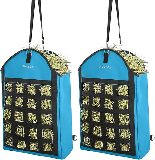 2 Pack Heavy Duty 1200D Oxford Slow Feeder Hay Bag with Large Opening for Horse, Goat, Donkeys, 13.78x7.45x18.1 Inch, Blue