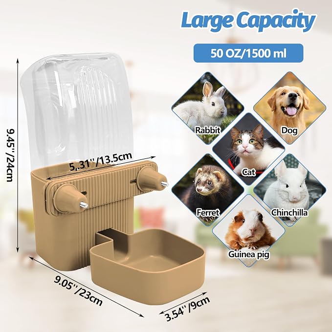 50 oz Rabbit Water Dispenser Hanging Gravity Bunny Water Bottle for Cage Automatic Small Animal Water Bottle for Ferret Guinea Pig Chinchilla Cat Puppy (Brown)