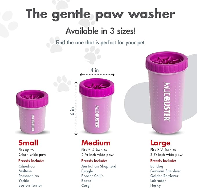 Dexas MudBuster Medium Dog Paw Cleaner in Fuchsia - Fits 1.5"-2.5" Wide Paws, Portable Paw Washer for Muddy Paws, Dog Paw Cleaning Cup with Gentle Silicone Bristles, Quick Clean Pet Paw Washer