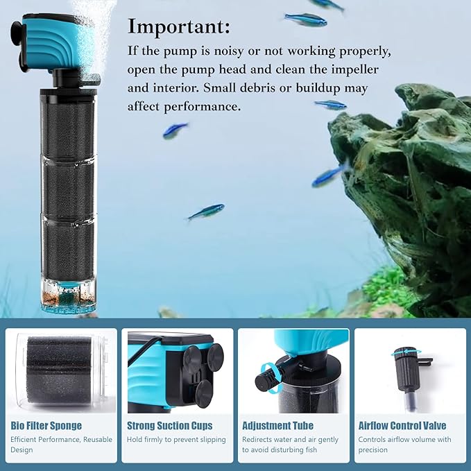 Submersible Aquarium Filter, Upgraded 100-300 Gallon Fish Tank Filter with Fish Guard, 660GPH Internal Whisper Pump, Fresh/Saltwater, Debris Tray, Check Valve, 12-Inch