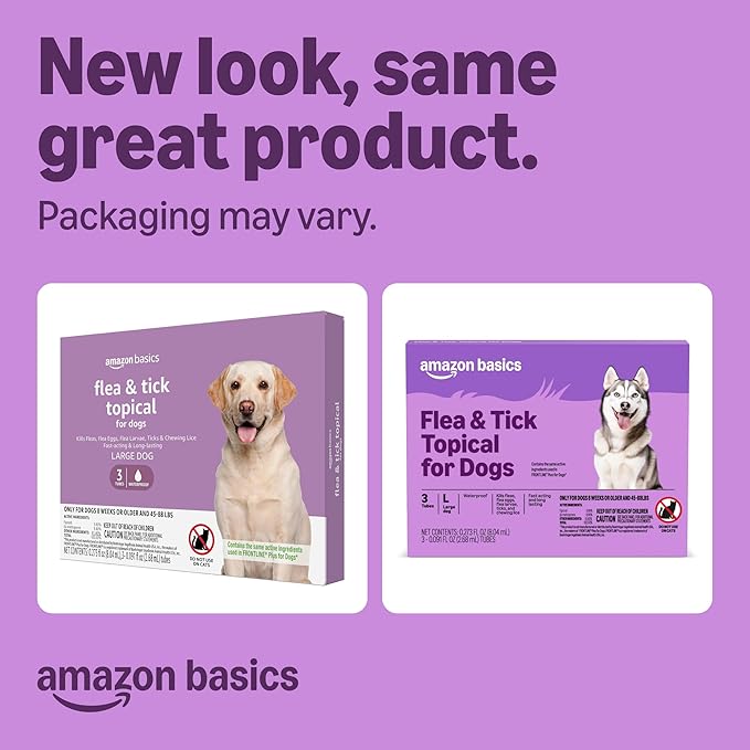 Amazon Basics Flea and Tick Topical Treatment and Prevention for Large Dogs (45-88 lbs), Fast Acting and Long Lasting, 3 Count, Packaging May Vary