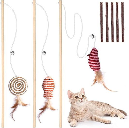 KABB Cat Toys for Indoor Cats, 3pcs 16 Inch Natural Wood Cat Teaser Wand Toy with Teaser Refills for Cat Kitten Having Fun Exerciser Playing, Bonus 5pcs Catnip Sticks for Cat Teeth Cleaning
