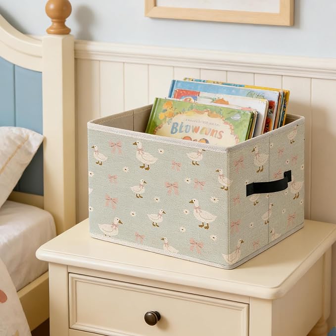Pink Bow Floral Goose Storage Bins, Goose Nursery Decor, Cute Geese Foldable Closet Organizers Storage Basket Toybox for Kids Toddler Teens Playroom Bedroom Clothes Bed Sheets Blankets Toys