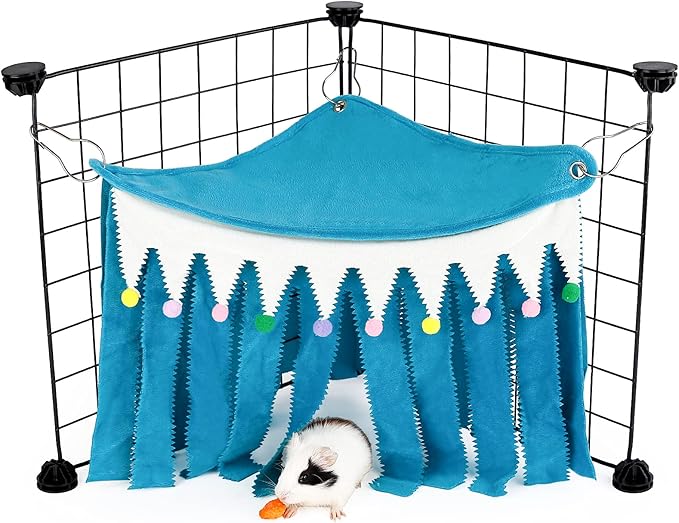 Guinea Pig Hideout - Guinea Pig Corner Hideout, Three-Sided Fringes, Triangle Top and Washable Hides, Suitable Hides for Rabbit and Other Small Pets, No Metal Fences, Blue