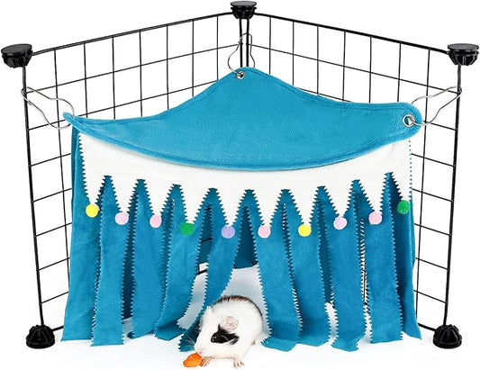 Guinea Pig Hideout - Guinea Pig Corner Hideout, Three-Sided Fringes, Triangle Top and Washable Hides, Suitable Hides for Rabbit and Other Small Pets, No Metal Fences, Blue