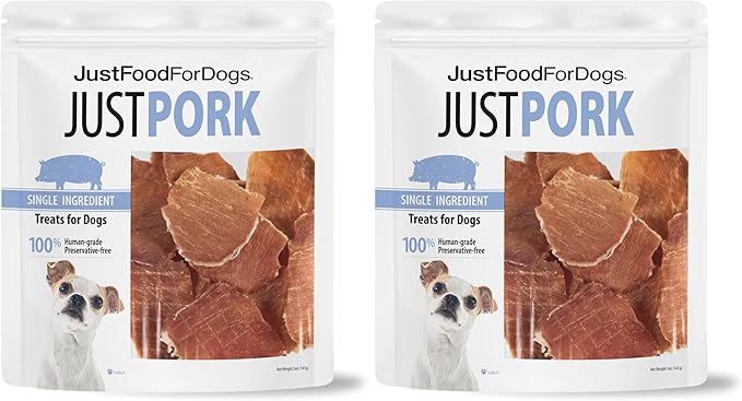 JustFoodForDogs Ingredient Healthy Dog Treats and Dog Snacks,Jerky Treats,Human Grade,Preservative and Grain Free,Rawhide Free Chews,Low Calorie Treat - Pork,5 oz,(Pack of 2)