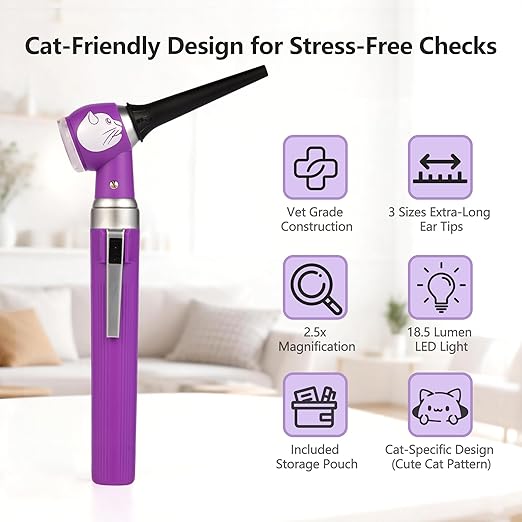 Veterinary LED Otoscope for Pets Cat-Design - Ear Infection Detector with Light, 6 Disposable Tips for Dogs & Cats, Portable Home Ear Checker (Purple)