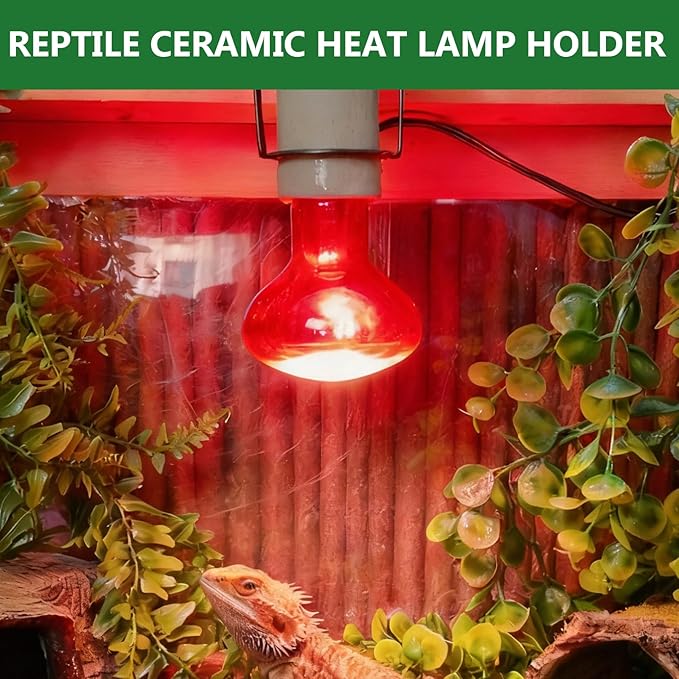 2PCS Reptile Light Fixture,Bearded Dragon Heat Lamp Holder Bracket with Thermometer,Pet Heating Light Ceramic Socket,Lamp Fixture for Amphibian,Gecko,Iguana,Lizard,Snake,Turtle (Deep-U)