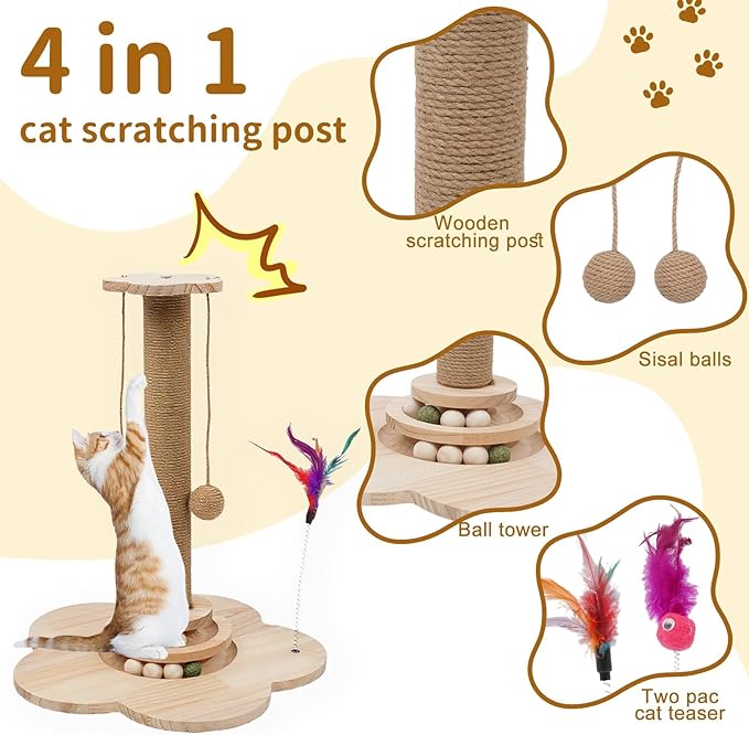 4 inch Wider Design for Large Cats Providing Greater Stability,4-in-1 Wooden Cat Scratcher Toy,Scratching Post&2-Level Track Tower with 8 Balls&2 Sisal Ball&2 Cat Wand Toy(15.8" L x 15.8" W x 19" H)