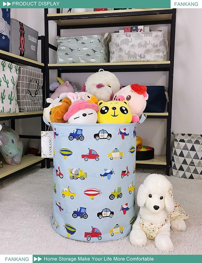 Storage Basket, Nursery Hamper Canvas Laundry Basket Foldable with Waterproof PE Coating Large Storage Baskets for Kids Boys and Girls, Office, Bedroom, Clothes,Toys（Car）