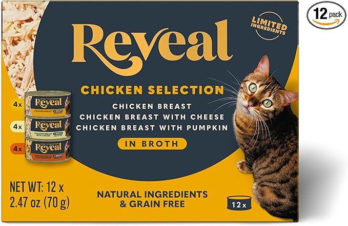 Reveal Natural Wet Canned Cat Food, 3-Flavor Variety Pack, Limited Ingredient, Grain Free, High Protein with No Artificial Additives, Chicken Variety in Broth, (12x 2.47 oz Cans)