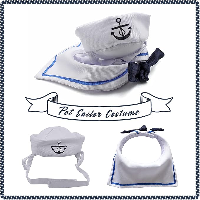 NAMSAN Pet Sailor Costume for Cats Small Dogs, Cat Halloween Costumes, Small Dog Sailor Outfit, Cat Sailors Hat with Tie Collar, Pet Navy Costume for Kitten Puppy Statue Decoration