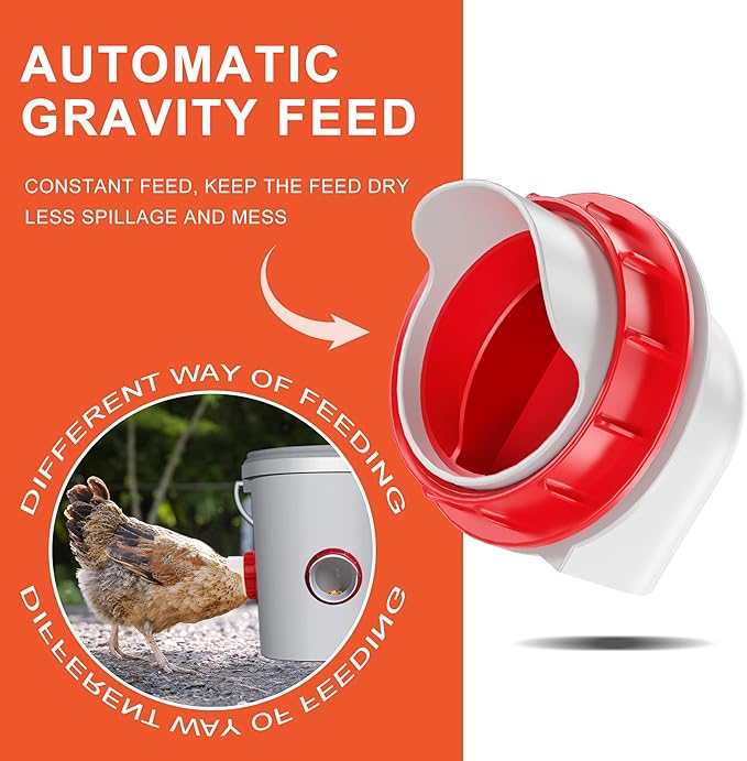 ZenxyHoC Chicken Feeders No Waste, DIY Automatic Poultry Feeder 8 Ports 1 Hole Saw with Covers Gravity Feed Kit for Buckets Barrels Bins Troughs (Red)