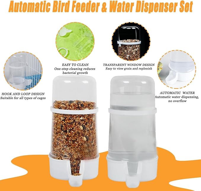 2 Pieces Bird Feeder Water Dispenser, Automatic Bird Feeder and Drinker Set for Cage, No Mess Hanging Parrot Food Bowl, Parakeet Cage Accessories for Hamsters,Pigeons,Parrot (C)