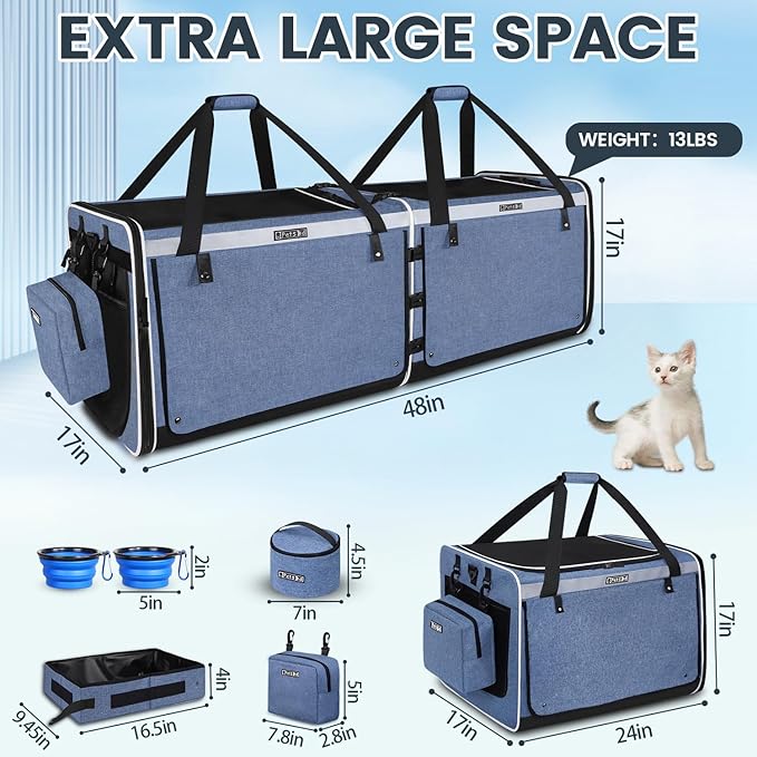 Petskd Double Extra Large Cat Carrier with Litter Box and Privacy Curtain, 48"x17"x17" Soft Cat Car Travel Carrier with Locking Zippers for Multiple Cats Long Distance Trip(Blue)