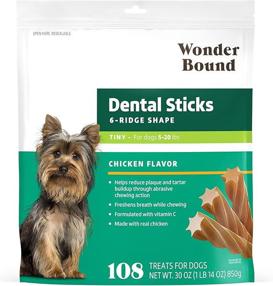 Wonder Bound Chicken Flavor Dental Sticks for Tiny Dogs (5-20 lbs), 6-Ridge Shape for Plaque & Tartar Control, Freshens Breath, Made With Real Chicken, 108 Count