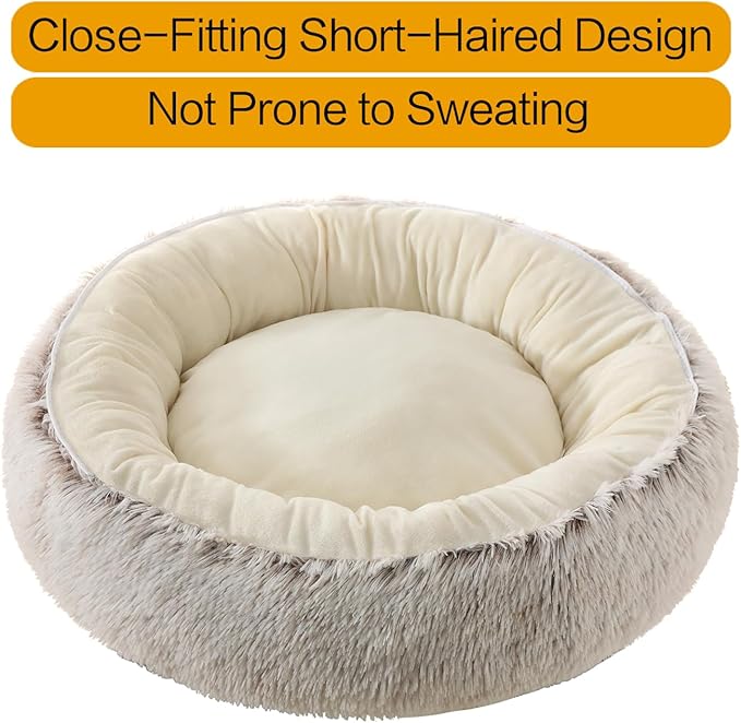 Calming Donut Dog Bed Cat Bed, Fluffy Long Fur Outer & Short Fur Inner, Sweat-Free Cozy Cuddler, Non-Slip Bottom,for Small Medium Dogs Cats Puppy Kitten (Donut Bed - Coffee Color, Large Size 23.6 in)