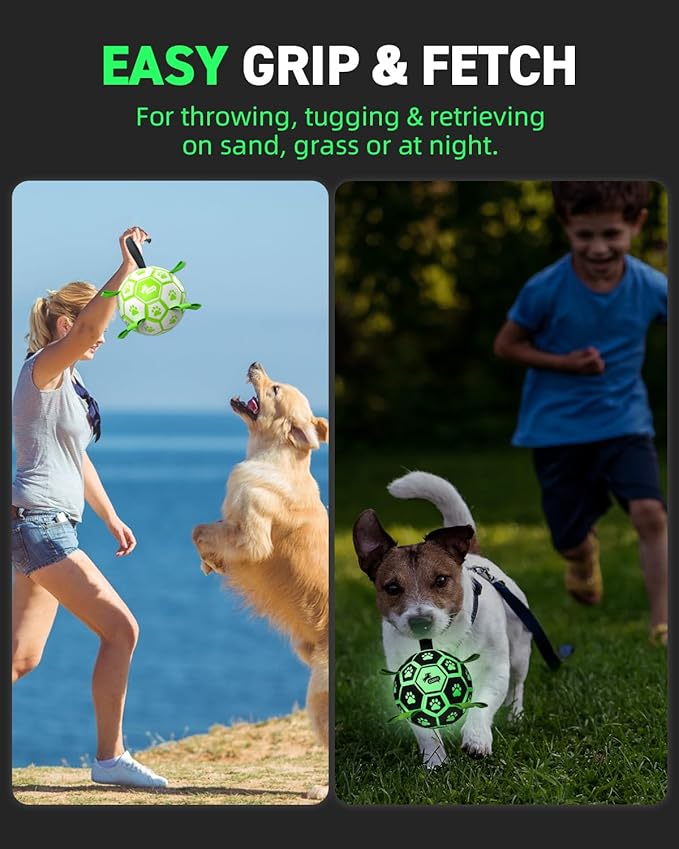 QDAN Glow in the Dark Dog Ball with Straps, No Charge Fetch & Tug Toy, 6 Inch Soccer Ball for Small & Medium Dogs, Great Birthday Gift for Pets
