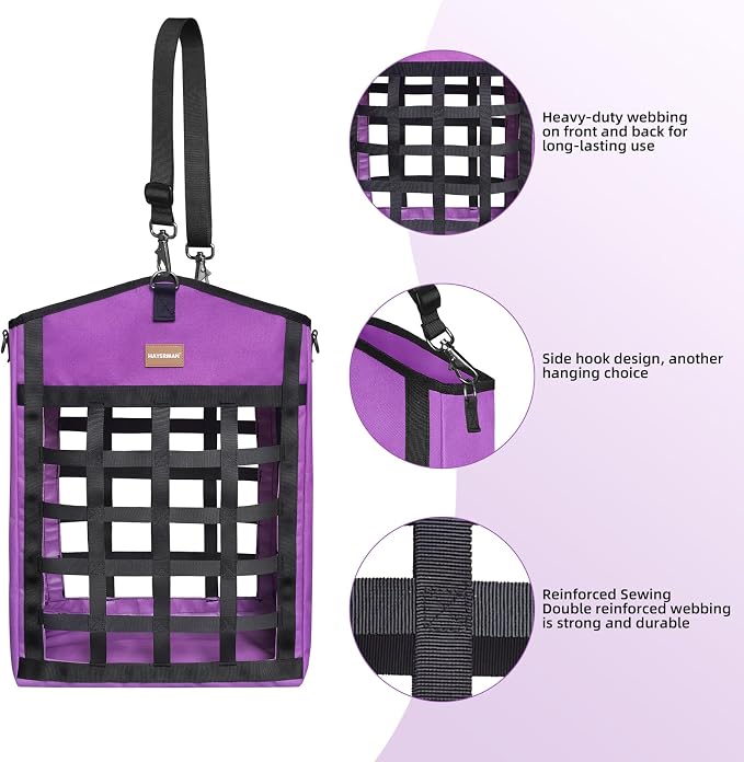 Innovative Hay Bags for Horses, Goat Hay Feeder with Reinforced Oxford Fabric and High Strength Metal Clasp,Horse Feeding Supplies with Adjustable Strap for Easy Hanging (Purple-1pack)