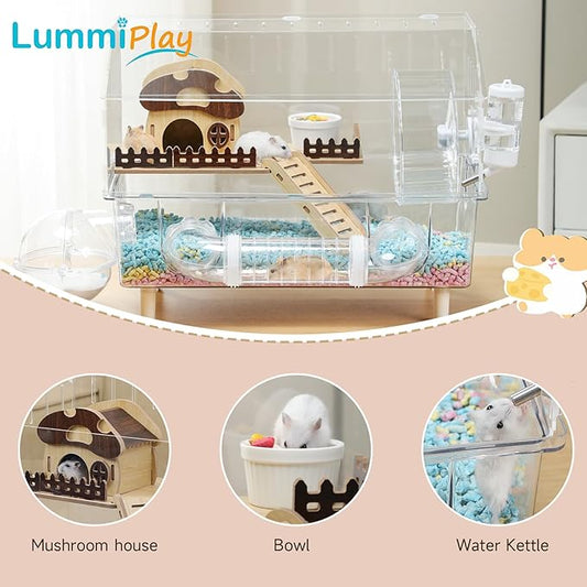 8 in 1 Acrylic Hamster Cage with all accessories,2-Layer Hamster House with full transparent Viewing,Top Open Mouse Cage for Pet Mice,large Hamster Habitat for Dwarf Hamster,Gerbils; 18"x11"x13.4"