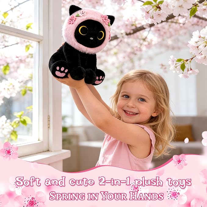 Black Cat Plush with Removable Sakura Flower Hood - 8" Cute Stuffed Animal for Spring, Soft Kawaii Cat Plushie, Flower & Cherry Blossom Gift for Girls & Moms