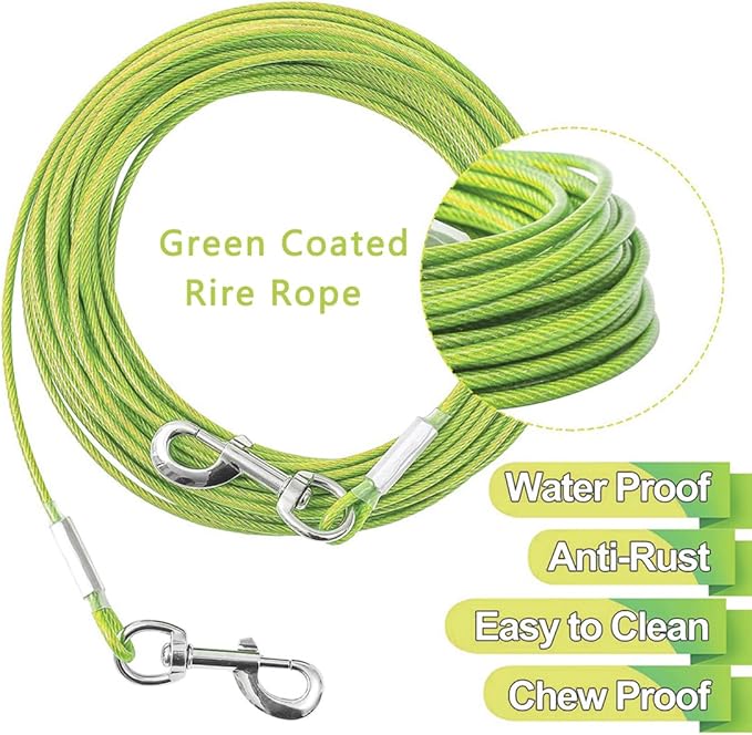 Tie Out Cable for Dogs,10/20/30/50/100FT Dog Leads for Yard Chew Proof,Heavy Duty Tie Out Cable for Large Dogs Up to 125lbs,Dog Runner Tether (Green, 125Ibs 30ft)