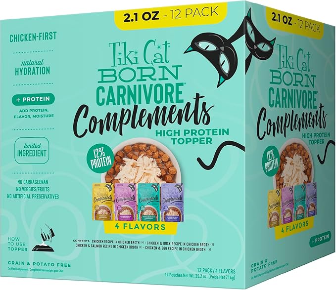 Tiki Cat Born Carnivore Complements Wet Cat Food Topper, High Protein & Limited Ingredient, Variety Pack 2.1 oz. Pouch (12 Per Box)