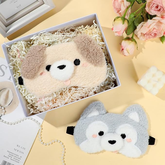 NEWEST 2 Pcs Cute Plush Dog Sleeping Masks, Soft Puppy Eye Cover for Sleeping with Adjustable Elastic Strap, Funny Cartoon Animal Eyeshade Blindfold for Blackout Travel Nap Night Sleep Party Girl Boy