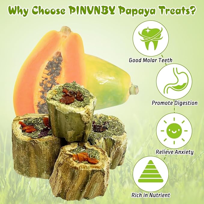 PINVNBY Rabbit Chew Toys Natural Papaya Wood Bunny Treats with Grass Carrot Apple and Sweet Potato Guniea Pig Molar Snacks for Hamster Chinchilla Gerbil Small Animals Teeth Grinding (3.52 oz)