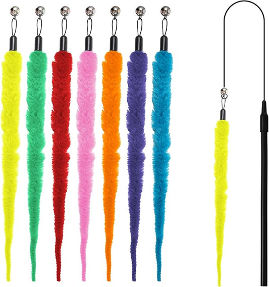 8PCS Fuzzy Cat Worm Toy with Wand Replacement Attachments, Includes 1PCS Black String and 6 Color Options, Suitable for Teaser Play, Chase Exercise, Essential Interactive Cat Toy Accessories