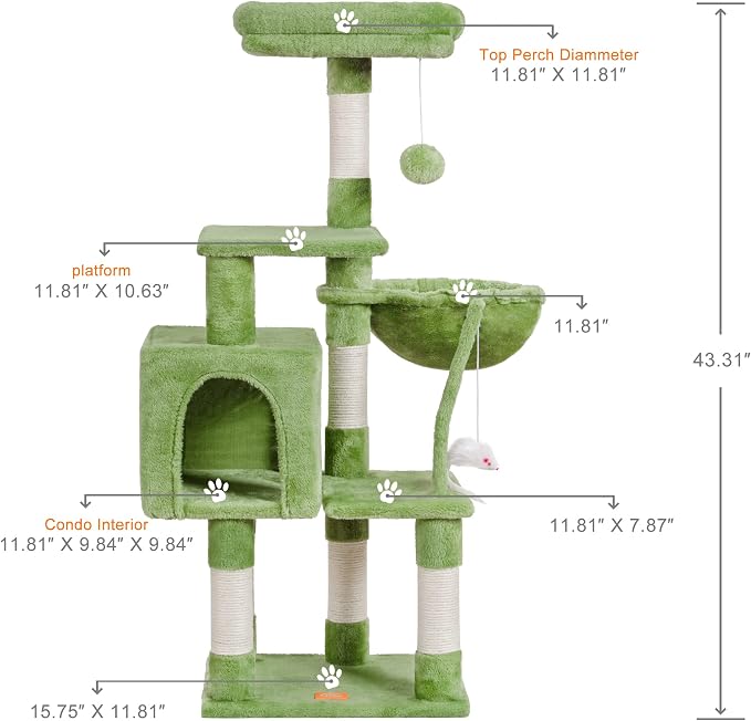 Heybly Cat Tree with Toy, 43.3 inch Cat Tower condo for Indoor Cats, Cat House with Padded Plush Perch, Cozy Hammock and Sisal Scratching Posts, Green HCT004SGR