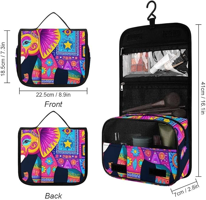 Hanging Travel Toiletry Bag Foldable Cosmetic Bag with Multiple Compartments for Toiletries, Accessories (Elephant Butterfly)