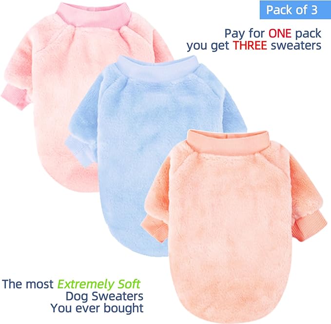 FabriCastle Dog Sweaters, 3-Pack Dog Clothes for Small Dogs Girl & Cats, Soft and Warm Pet Coats XXS - XXL, Winter Pet Jackets, Doggy Apparel Costumes Outfits (Ballet Pink,SkyBlue,Peach, XX-Large)