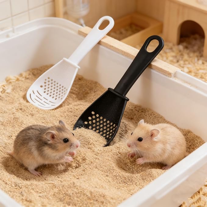 3 Piece Set Small Animal Litter Scoop Red White Black Plastic Mesh Scooper Hamster Cage Accessories Litter Sifter with Small Holes for Sand Bath