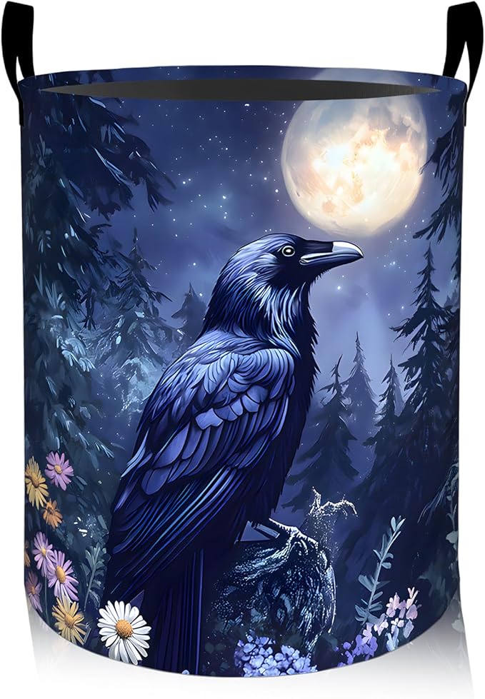 Gothic Raven Floral Laundry Basket, Oxford Cloth Goth Mystery Dirty Clothes Collapsible Hamper for Room Decor, Moon Flower Print Gifts Toy Organizer 19.7 * 15.8 Inch for Bedroom Bathroom Dorm