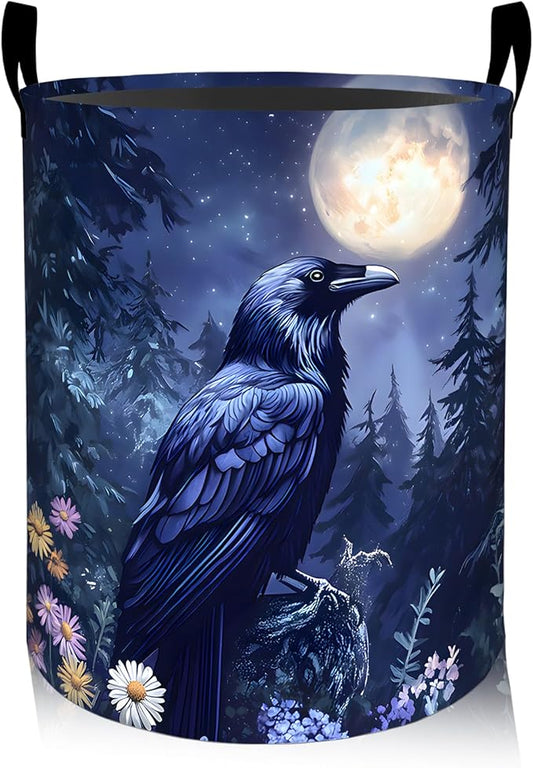 Gothic Raven Floral Laundry Basket, Oxford Cloth Goth Mystery Dirty Clothes Collapsible Hamper for Room Decor, Moon Flower Print Gifts Toy Organizer 19.7 * 15.8 Inch for Bedroom Bathroom Dorm