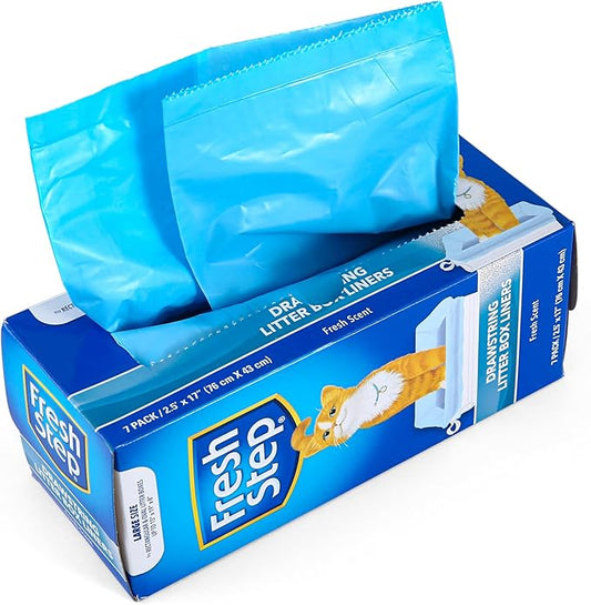 Fresh Step Drawstring Cat Litter Box Liners, Scented Heavy Duty Kitty Litter Bags for Large Oval or Rectangle Pans, Helps Contain Odor and Mess, Easy Lift Out Cleanup, 30 x 17 in, 7 Count