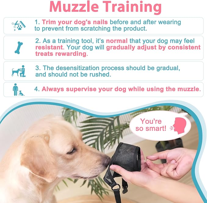 LUCKYPAW Dog Muzzle, Mesh Dog Muzzle for Large Medium Small Dogs, Soft Mouth Guard for Biting Chewing, Breathable Mouth Cover with Adjustable Strap for Training (Black, S(Snout:7.75"-8.75"))