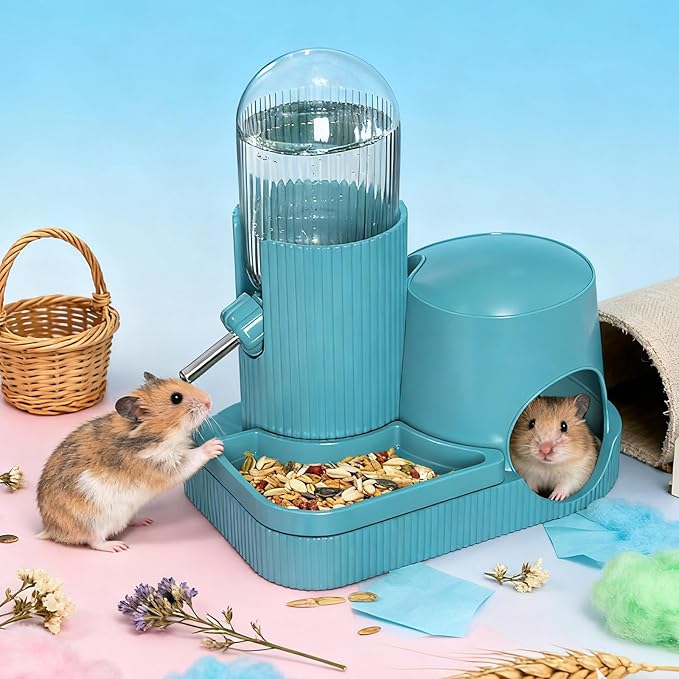 3 in 1 Hamster Water Bottle No Drip Automatic Water Dispenser with Food Bowl Container & Hideout Base Hut for Dwarf Hamster Mouse Rat Gerbils Mice Cage Accessories (Blue)