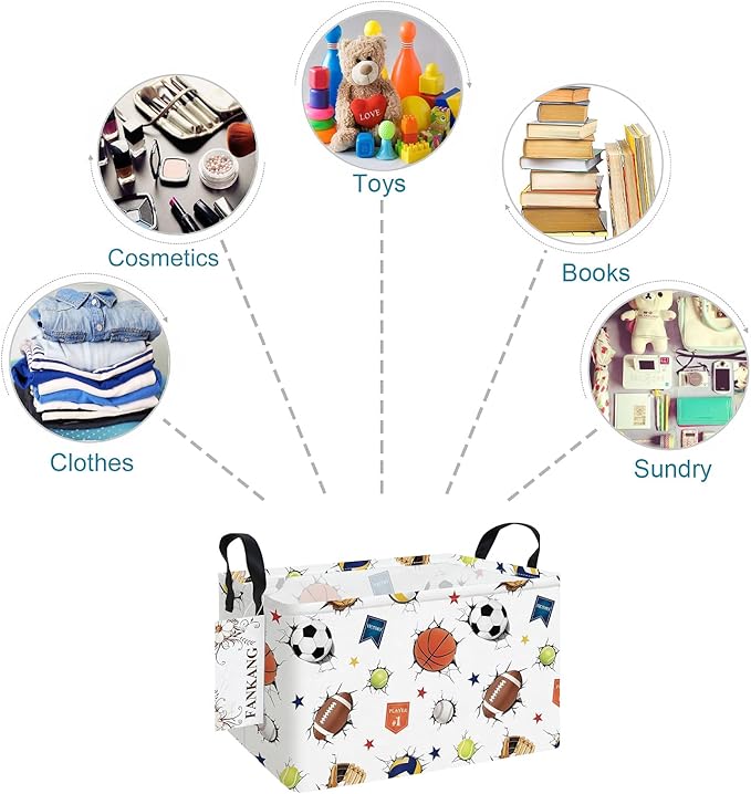 Storage Bins,Nursery Hamper Canvas Laundry Basket Foldable with Waterproof PE Coating Storage Baskets for Boys and Girls, Office, Bedroom, Clothes,Toys(Rec-3D Sports Balls ）