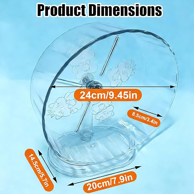 Hamster Silent Running Wheel for Small Animal, Exercise Wheels Anti-Skid Adjustable Stand for Hamsters,Cage Mount, Gerbils, Rats, Mouse, Mice, Transparent Shell (9.45inch)