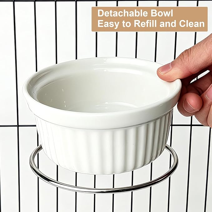 Rabbit Hanging Ceramic Bowl, Removable Cage Feeder Thick Ceramic Bowl with Stainless Steel Support Pet Water Food Bowl for Small Animal Chinchilla Ferret Guinea Pig Cat (4.92 * 1.97”) (White-2 Pack)